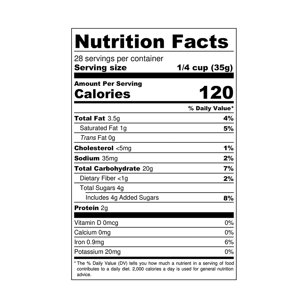 Nutrition facts label for Mikey's Gourmet Chin-Chin, showing 120 calories per 1/4 cup serving, 2g of protein, 4g of added sugars, and 3.5g of total fat. This detailed breakdown emphasizes the snack's balance of flavor and nutrition, perfect for mindful eating.